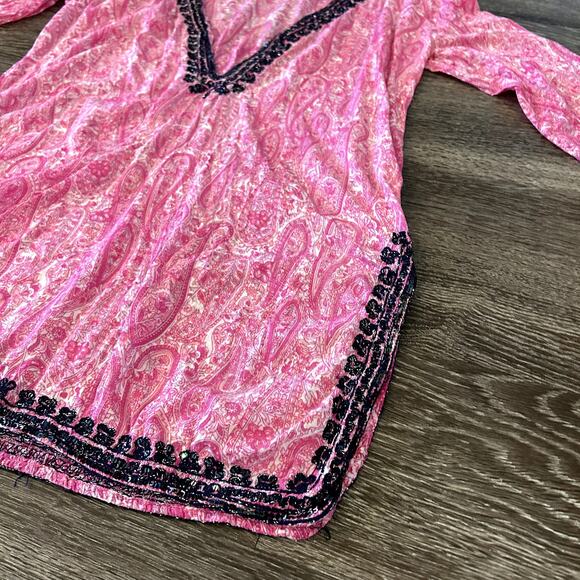 Calypso St. Barth Pink Yavia Embellished Paisley Tunic Top Size Small Boho Chic - Picture 10 of 12